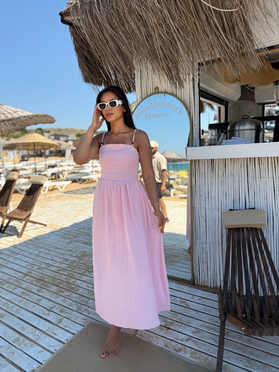 3796-PEMBE ASKILI KARE YAKA KETEN ELBİSE