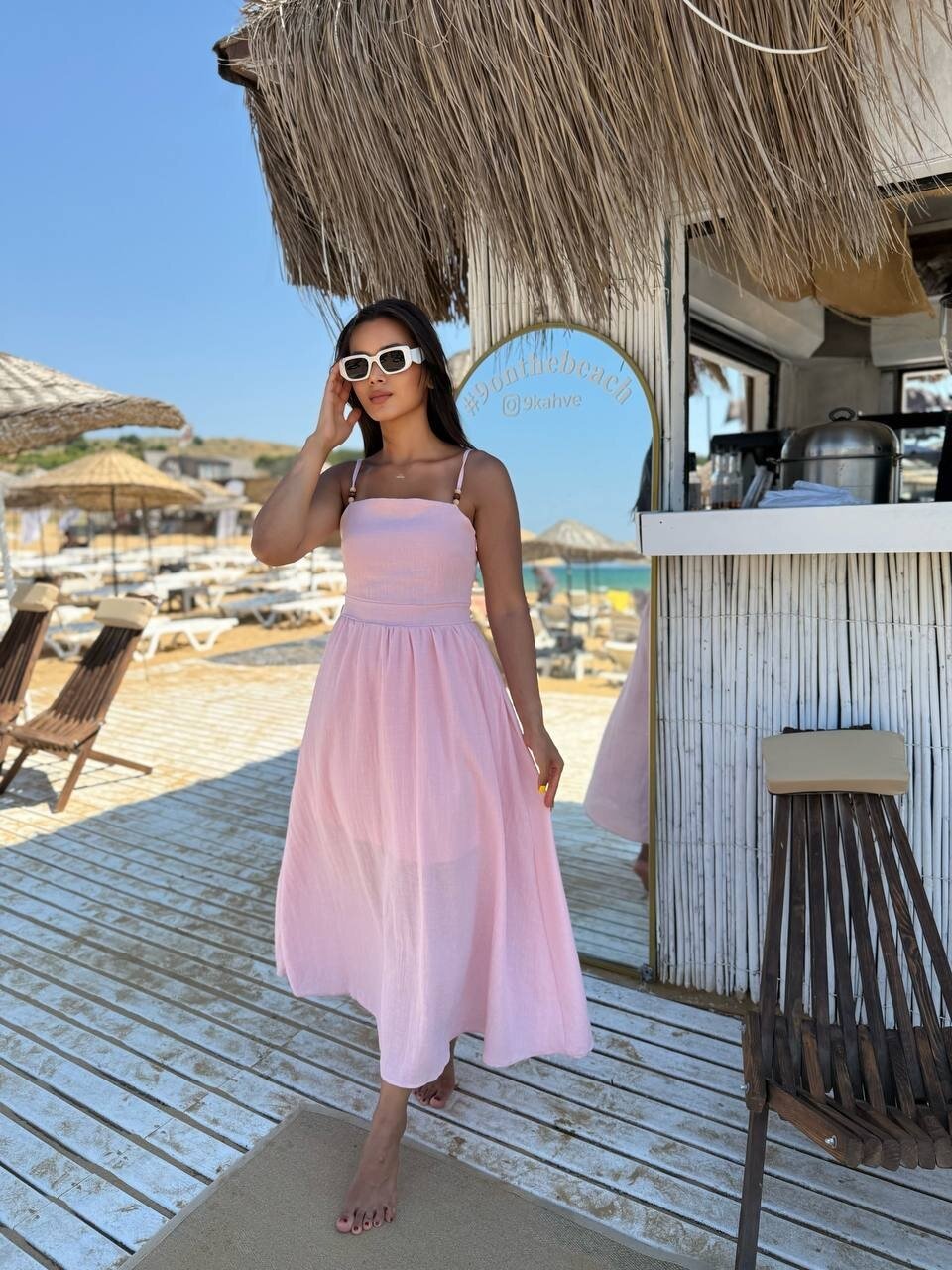 3796-PEMBE ASKILI KARE YAKA KETEN ELBİSE