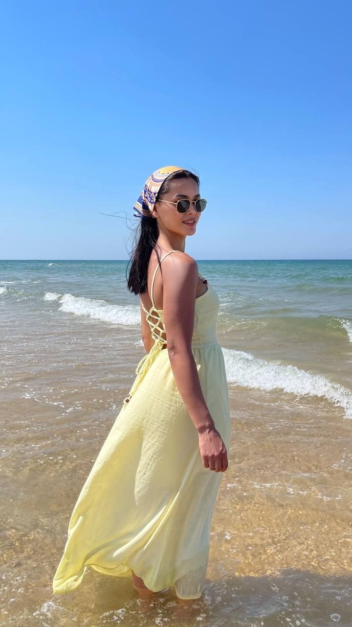 3796-SARI ASKILI KARE YAKA KETEN ELBİSE