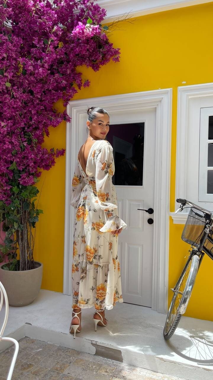 3814 ÇİÇEKLİ DERİN V YAKA ELBİSE