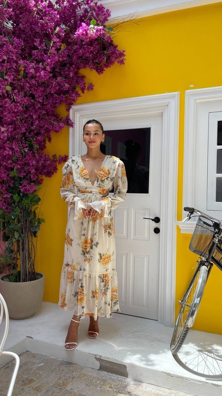 3814 ÇİÇEKLİ DERİN V YAKA ELBİSE