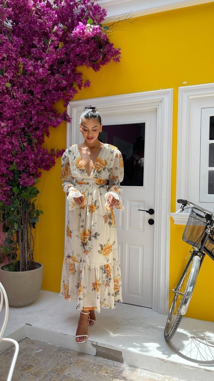 3814 ÇİÇEKLİ DERİN V YAKA ELBİSE