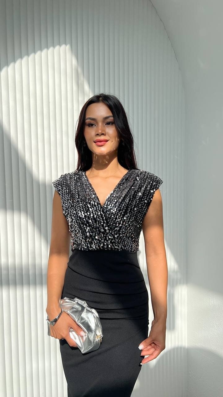 3820-GÜMÜŞ PUL PAYET KRUVAZE YAKA ELBİSE