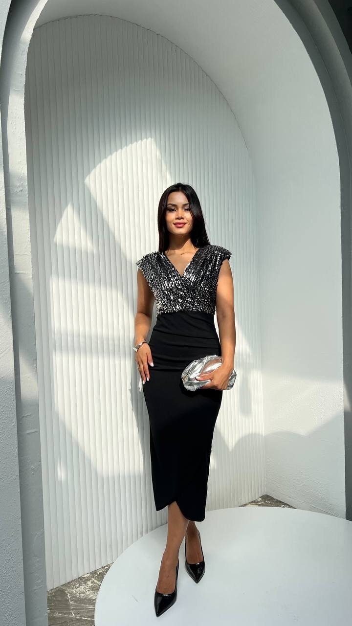 3820-GÜMÜŞ PUL PAYET KRUVAZE YAKA ELBİSE