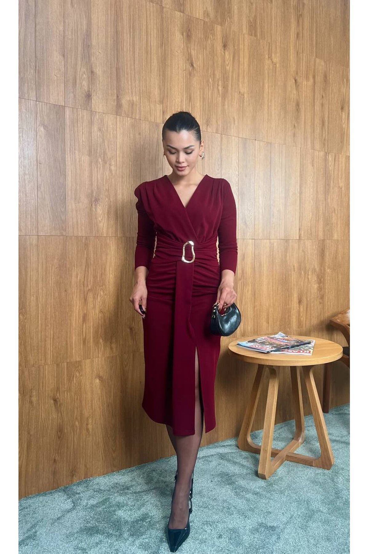 3829-BORDO  OLİPS KEMER DETAYLI ELBİSE