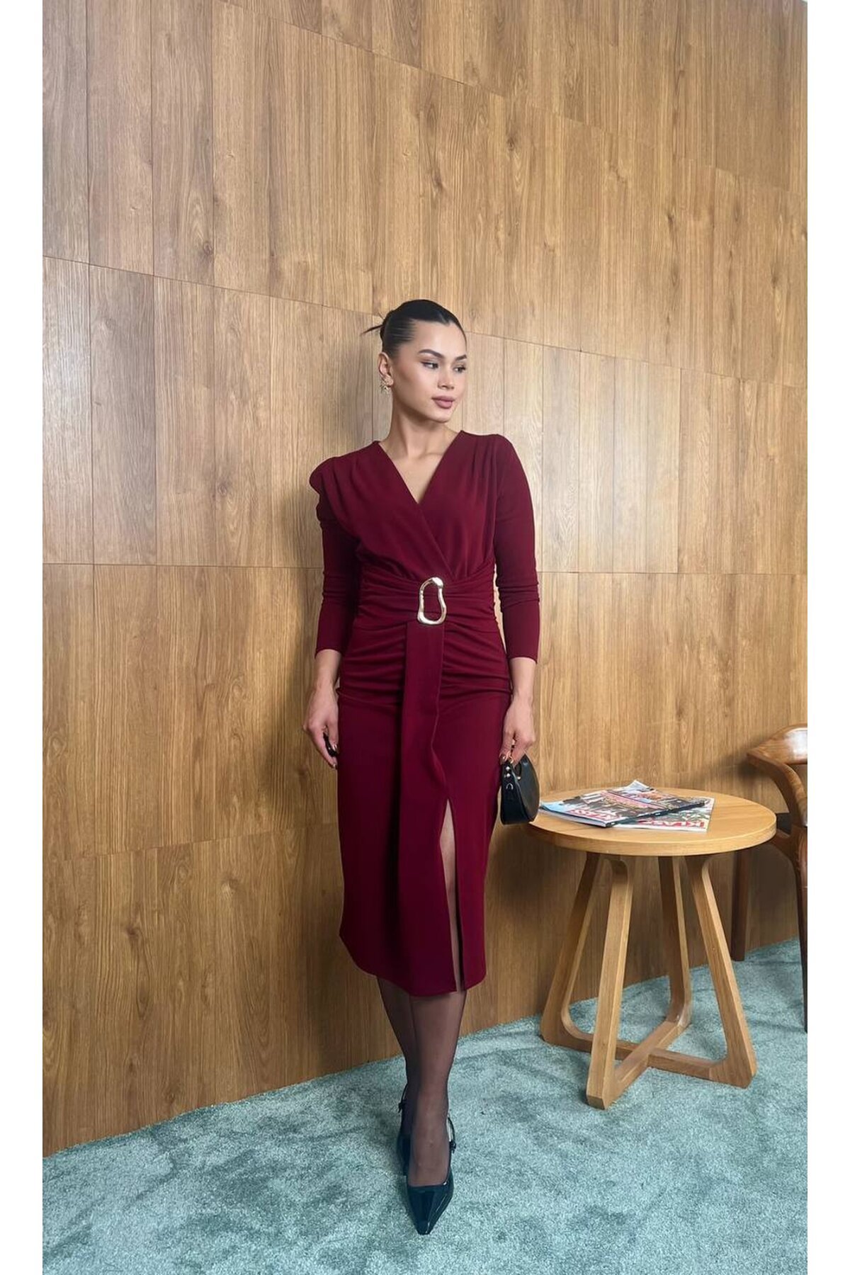 3829-BORDO  OLİPS KEMER DETAYLI ELBİSE