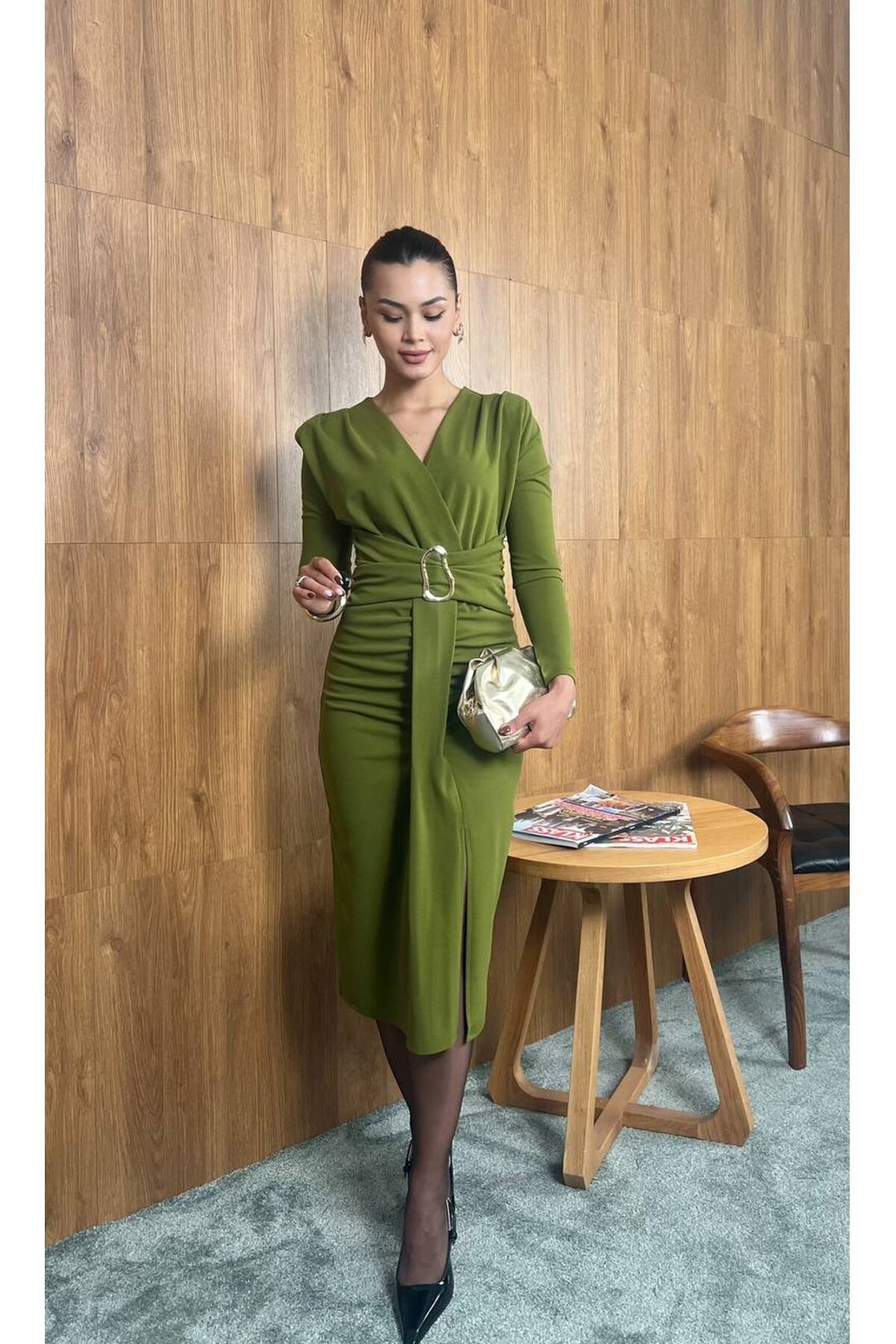 3829- OLİV OLİPS KEMER DETAYLI ELBİSE
