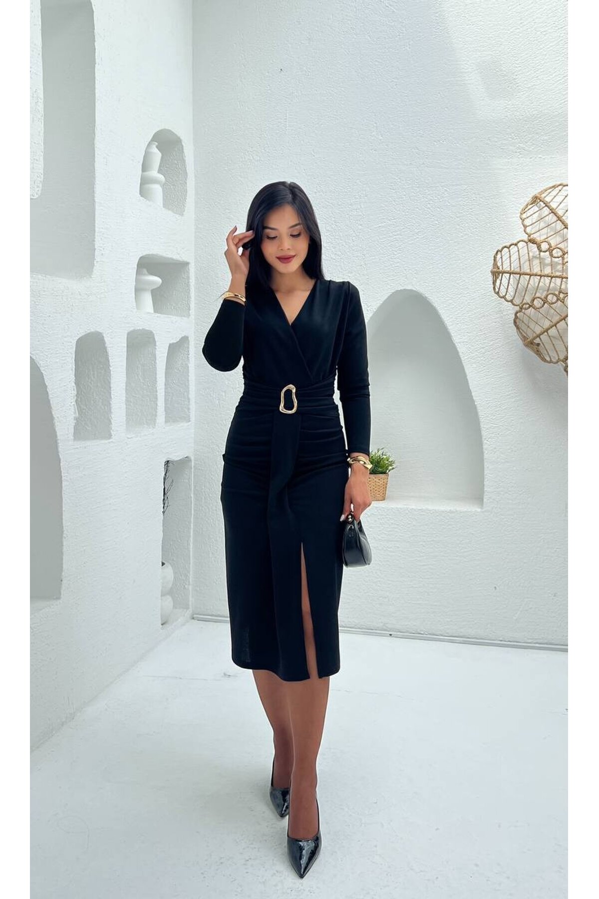 3829-SİYAH OLİPS KEMER DETAYLI ELBİSE