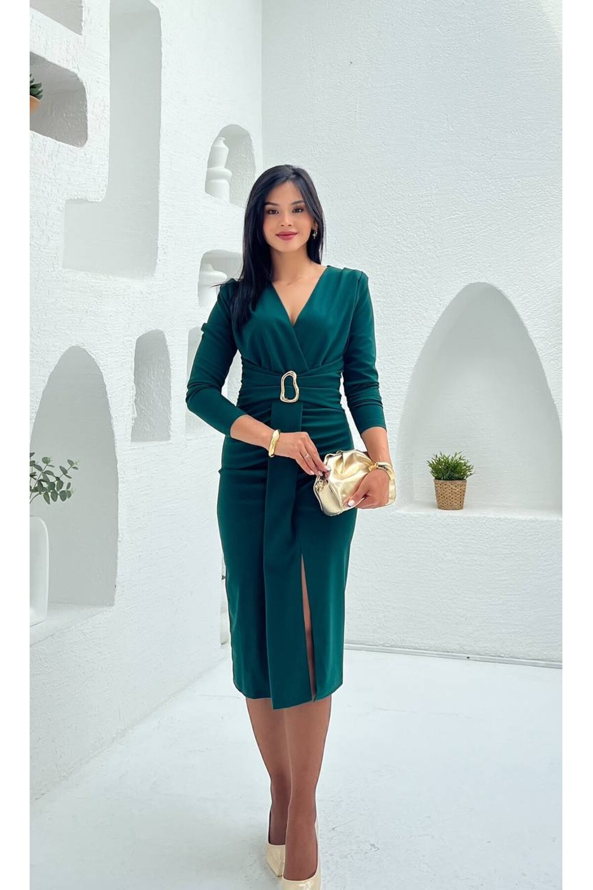 3829-ZÜMRÜT  OLİPS KEMER DETAYLI ELBİSE