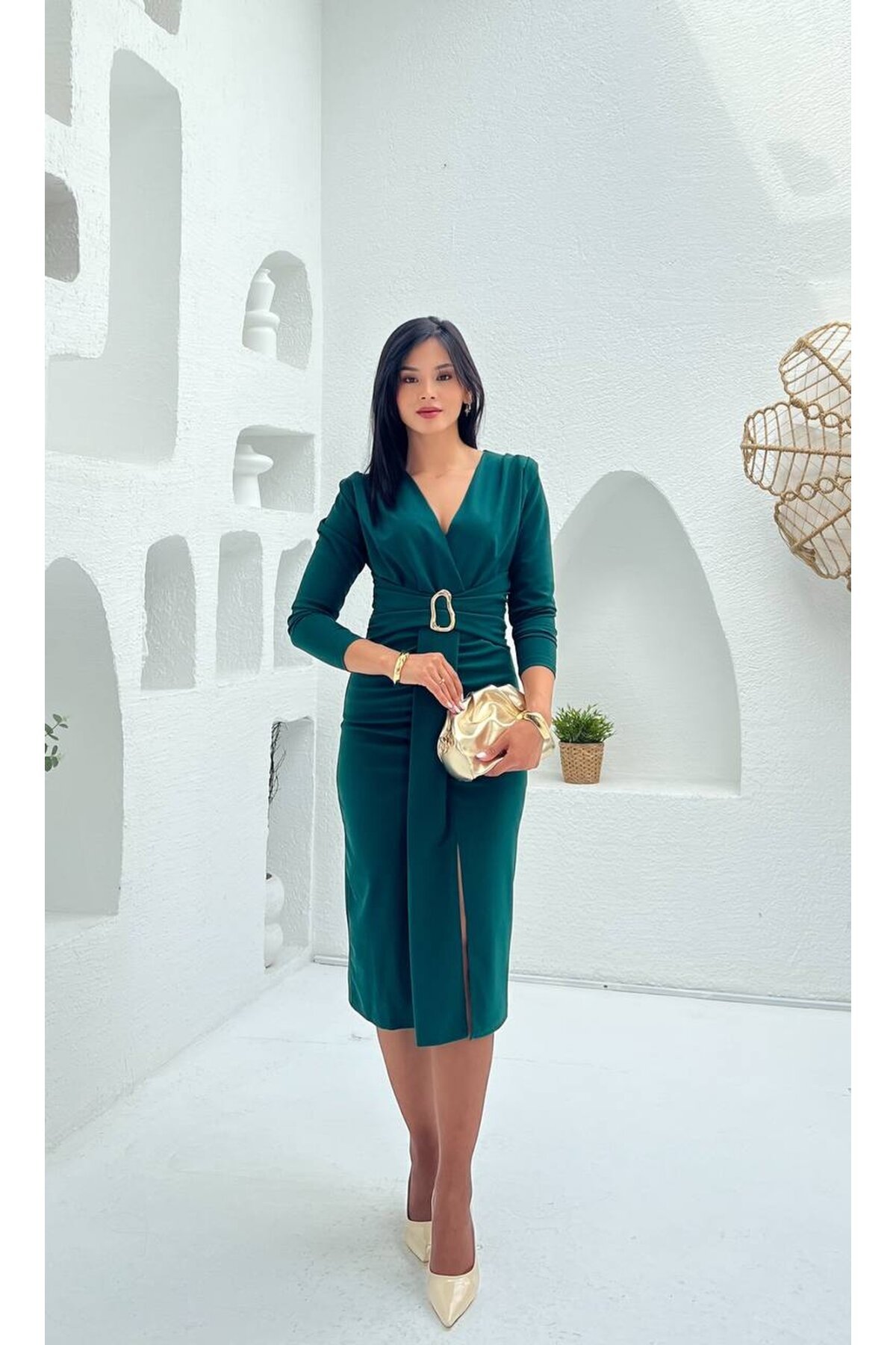 3829-ZÜMRÜT  OLİPS KEMER DETAYLI ELBİSE