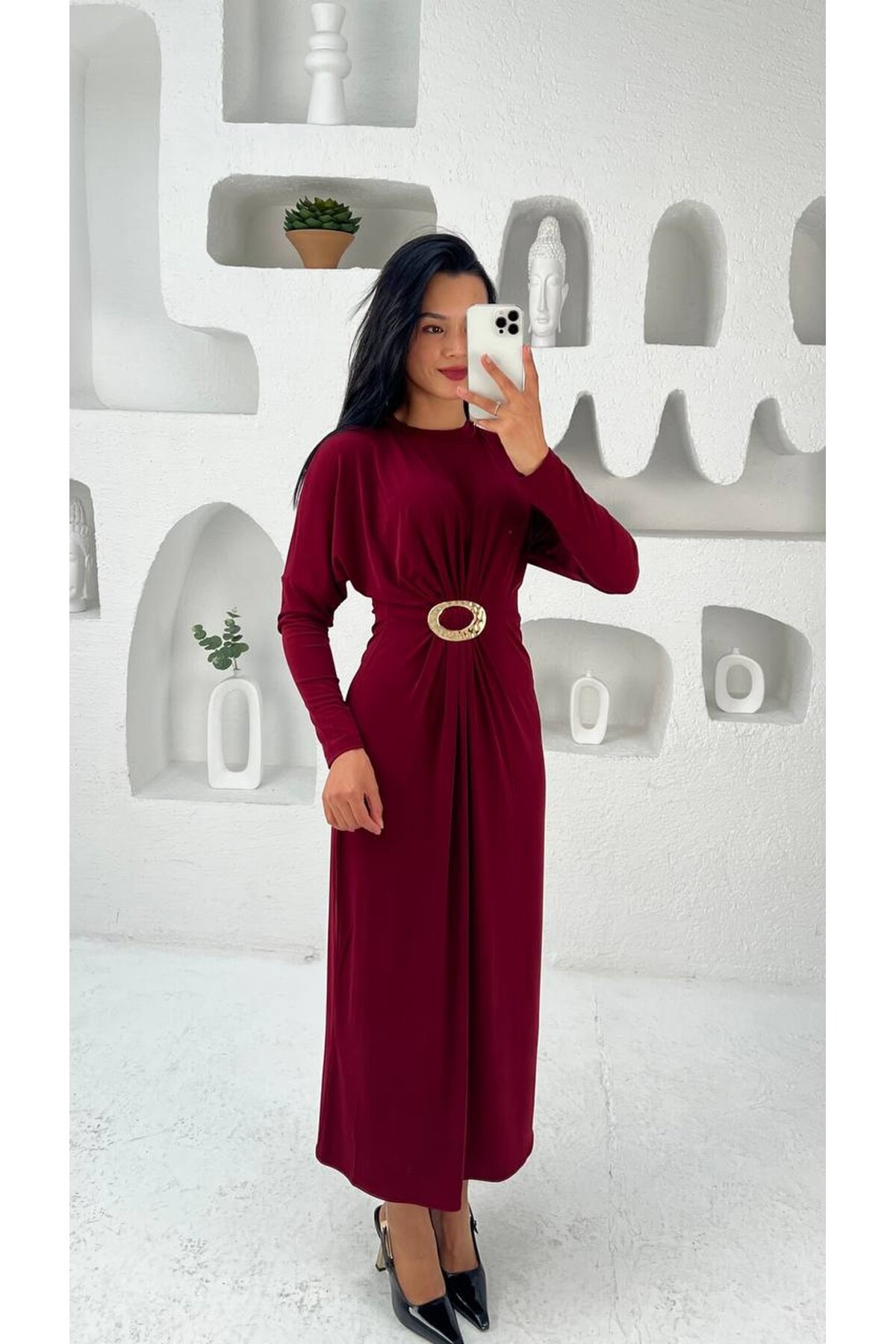 3831-BORDO ELİPS TOKALI ÖNDEN DÜĞÜMLÜ SANDY ELBİSE