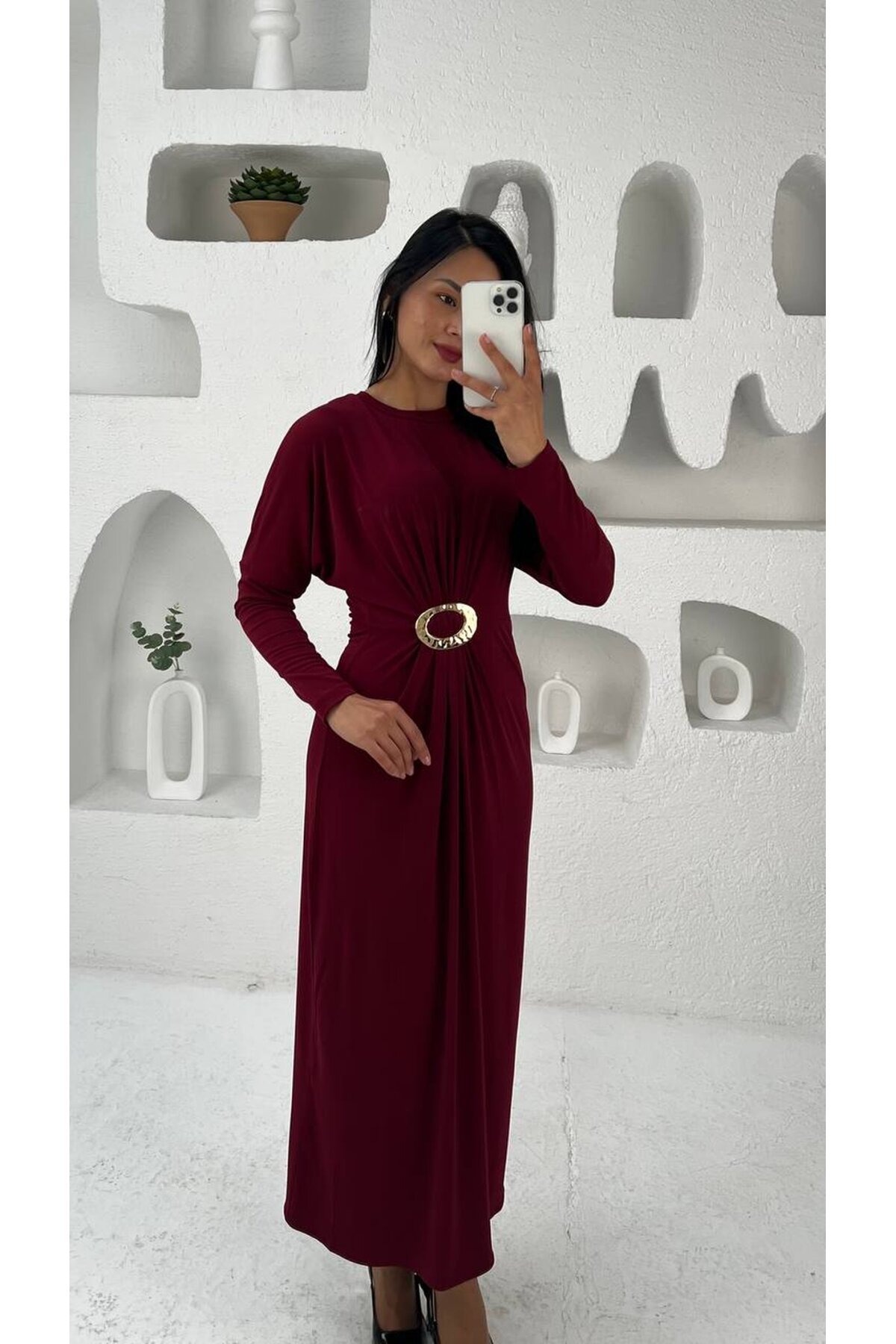 3831-BORDO ELİPS TOKALI ÖNDEN DÜĞÜMLÜ SANDY ELBİSE