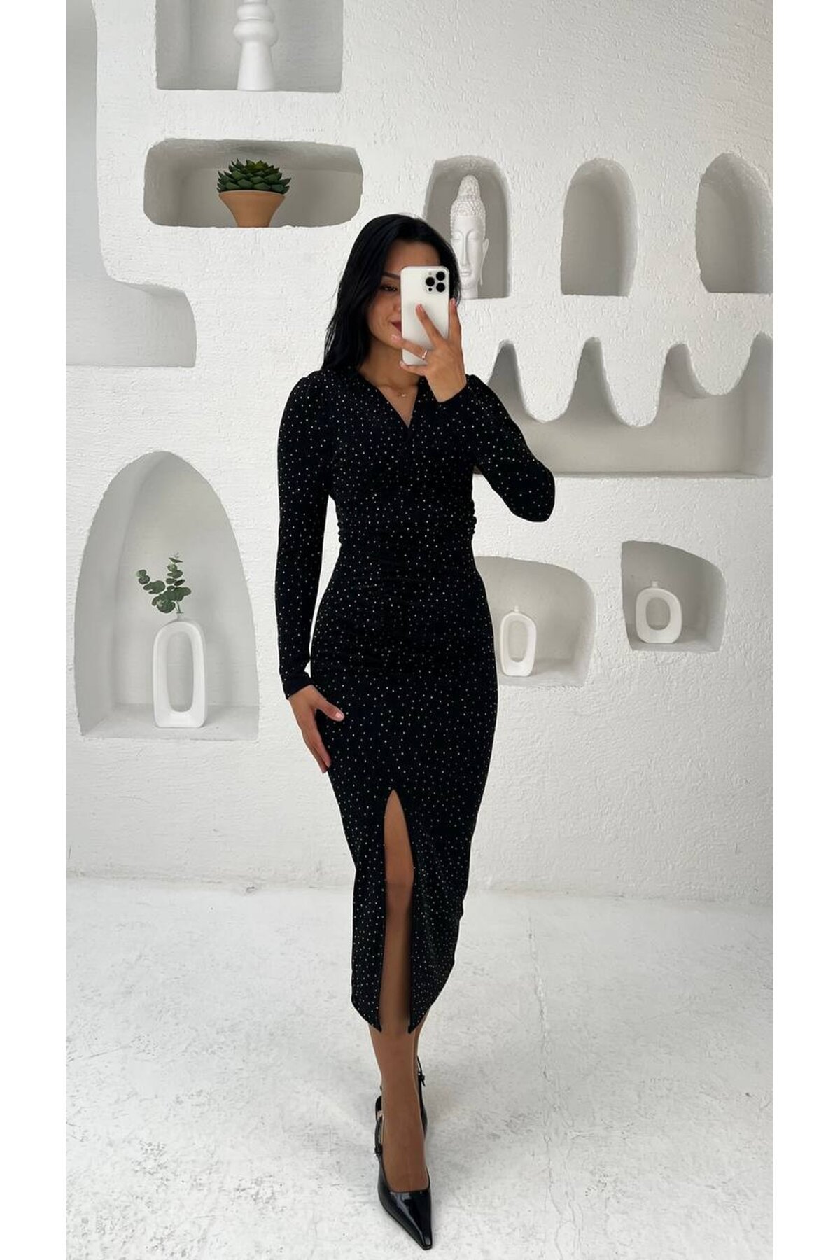 3837-SİYAH TAŞLI BUZY YANDAN DRAPELİ ELBİSE