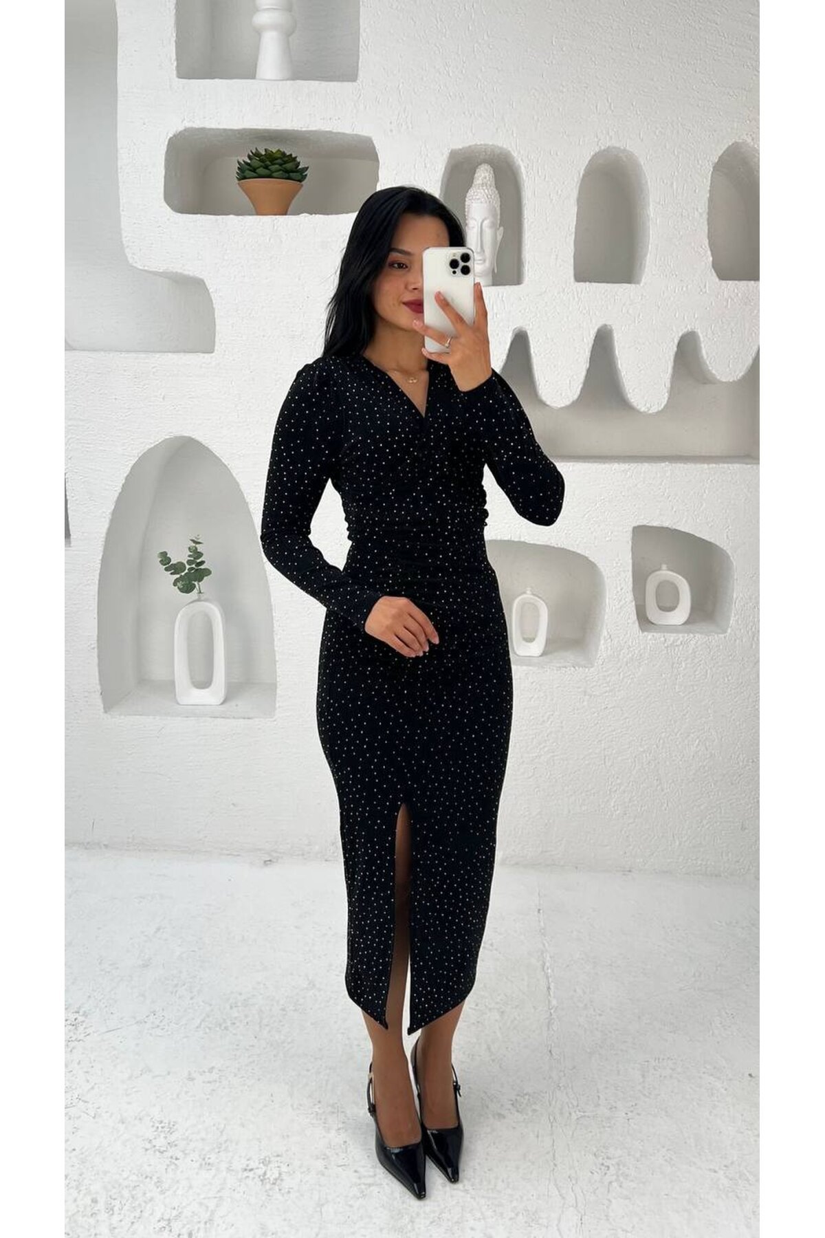 3837-SİYAH TAŞLI BUZY YANDAN DRAPELİ ELBİSE