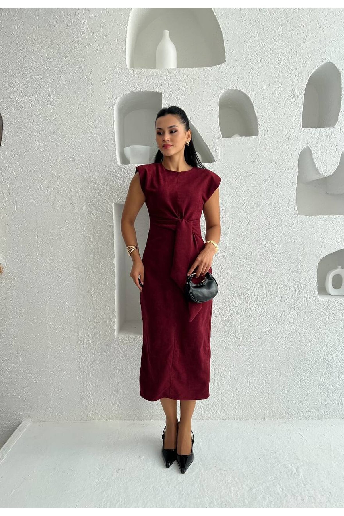3842-BORDO  SÜET KUMAŞ KENDİNDEN KUŞAKLI ELBİSE