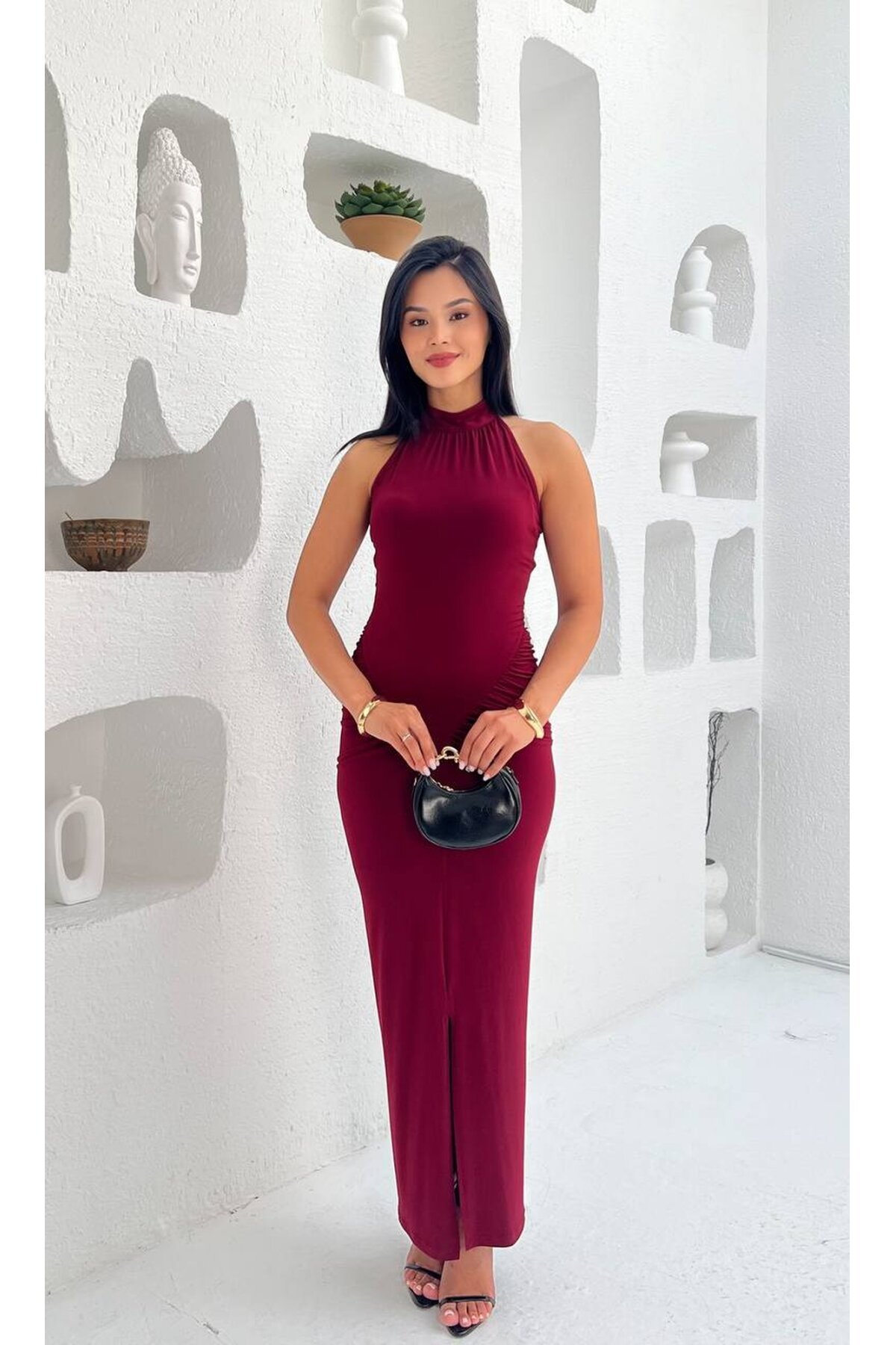 3844-BORDO YANLARI BÜZGÜLÜ BALIK ETEK ELBİSE