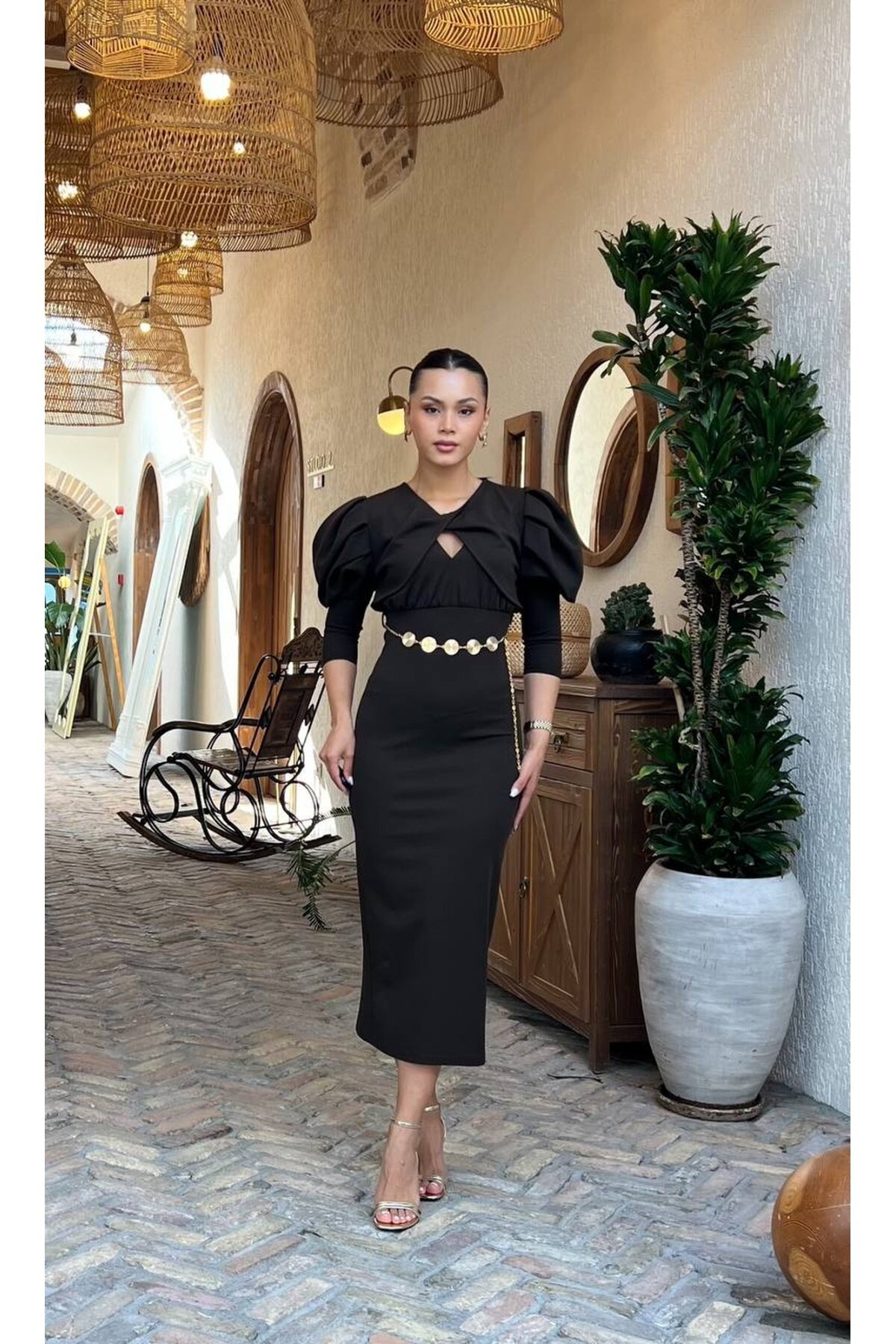 3852-KAHVERENGİ BEBE YAKA ZİNCİR TOKALI ELBİSE