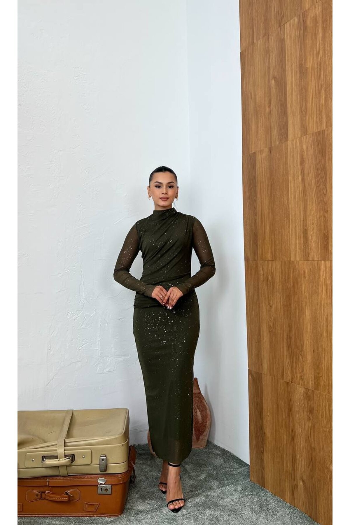 3854-HAKİ SİMLİ TÜL ELBİSE