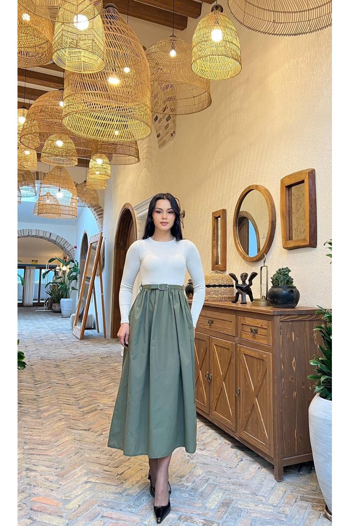 3857-BEJE HAKİ KAŞKORSE ALT POPLİN KEMERLİ ELBİSE