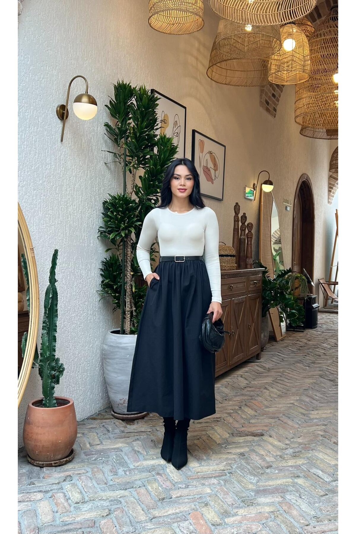 3857-BEJE SİYAH   ÜST KAŞKORSE ALT POPLİN KEMERLİ ELBİSE