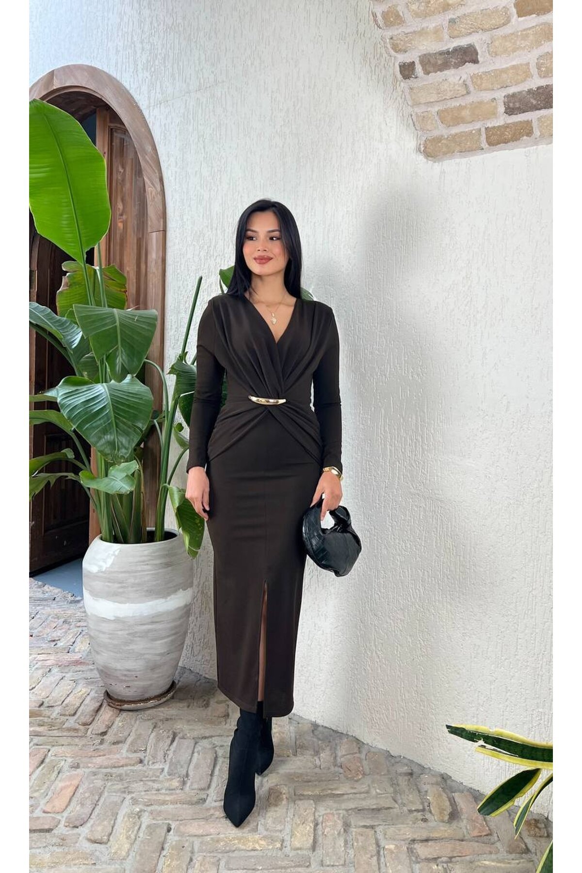 3862-KAHVE ÖNÜ DÜĞÜMLÜ TOKALI ELBİSE