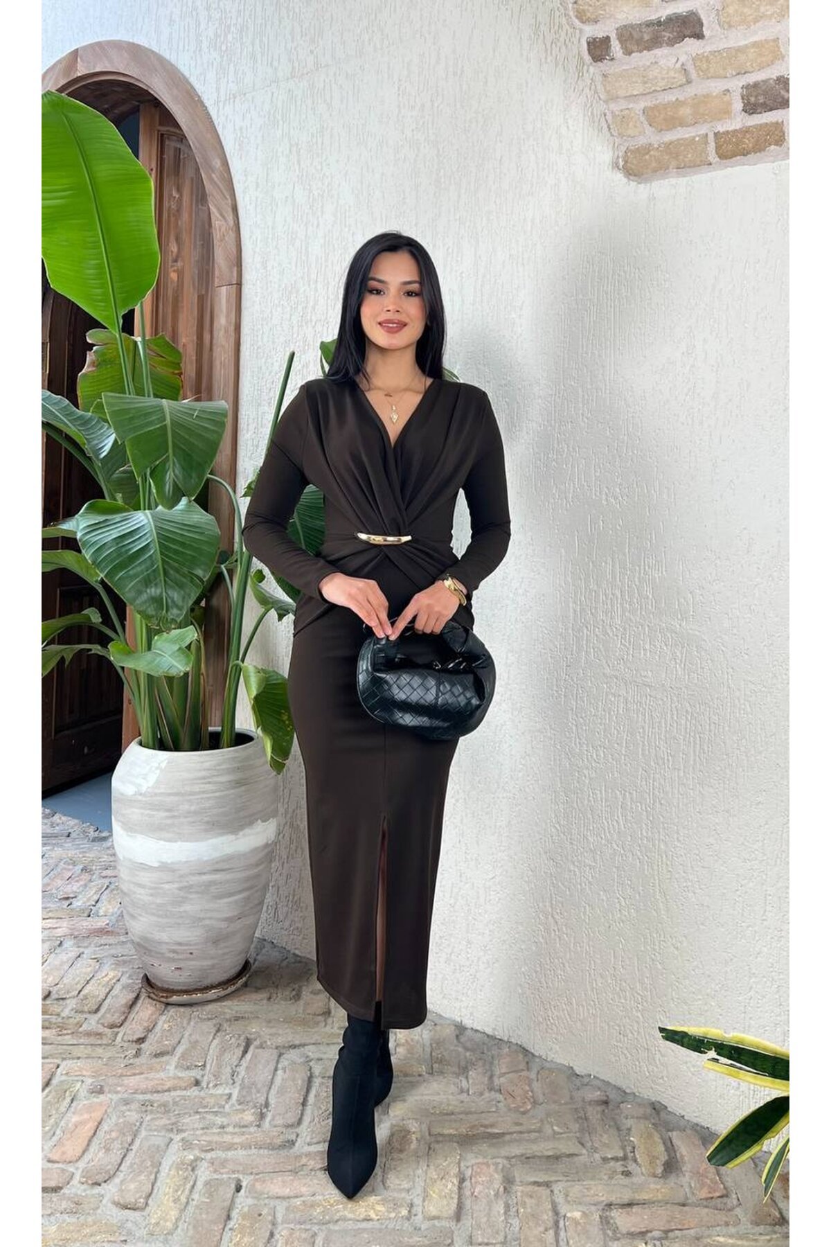 3862-KAHVE ÖNÜ DÜĞÜMLÜ TOKALI ELBİSE