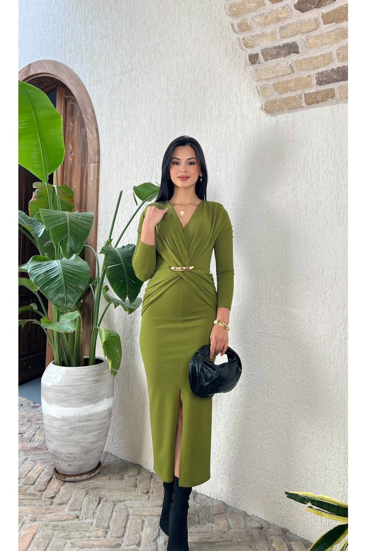 3862-OLİV ÖNÜ DÜĞÜMLÜ TOKALI ELBİSE