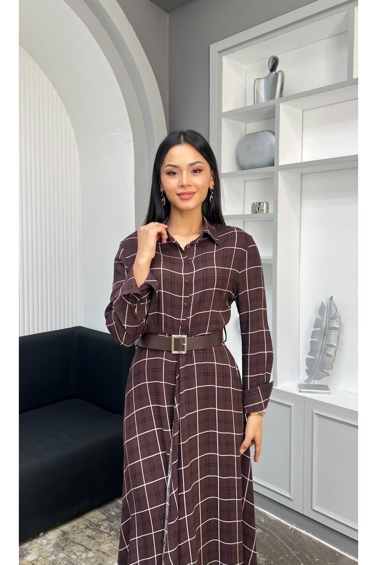 3868-KAHVERENGİ EKOSE DESEN FIRFIRLI GÖMLEK ELBİSE