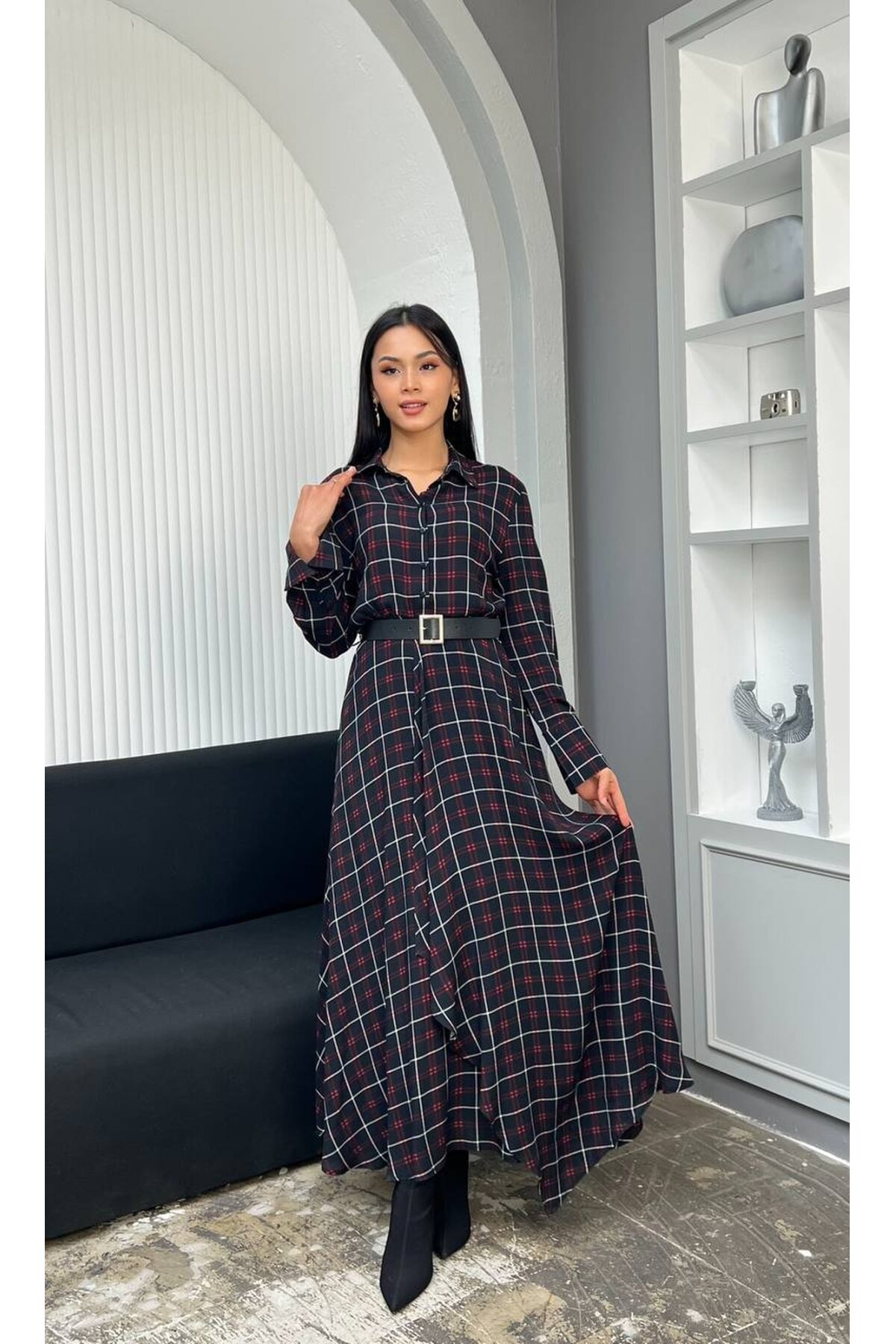 3868-SİYAH EKOSE DESEN FIRFIRLI GÖMLEK ELBİSE