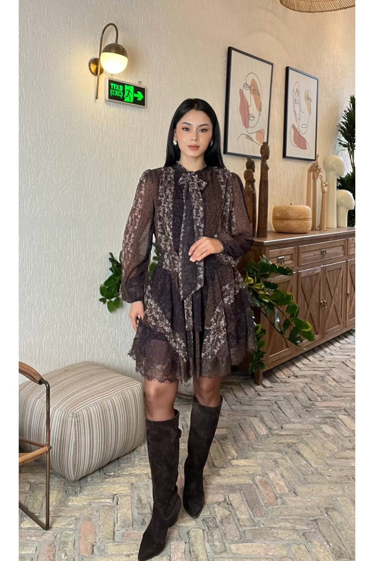 3872-PEÇWÖRK DESEN DANTELLİ KAT KAT ELBİSE