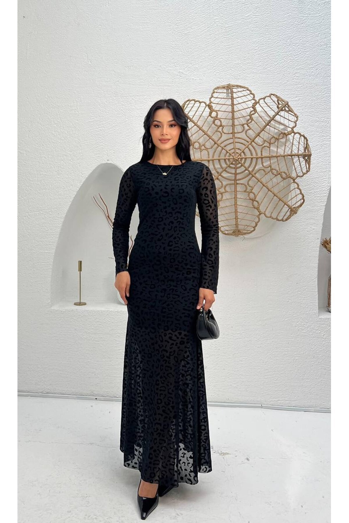3874-SİYAH LEOPAR DESEN FLOK BASKI ELBİSE