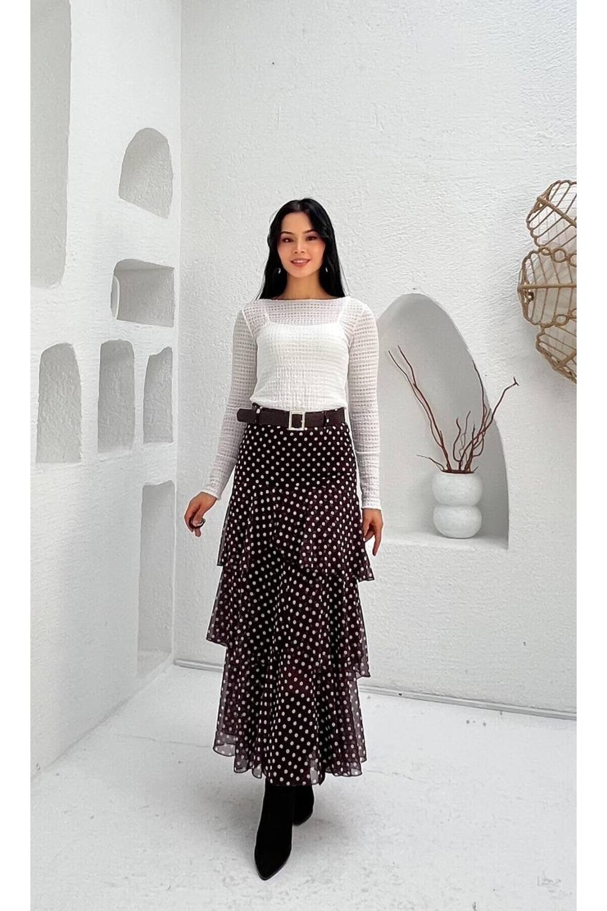 3877-KAHVERENGİ KAT KAT PUANTİYE DESEN  FRFIRLI ŞİFON ETEK
