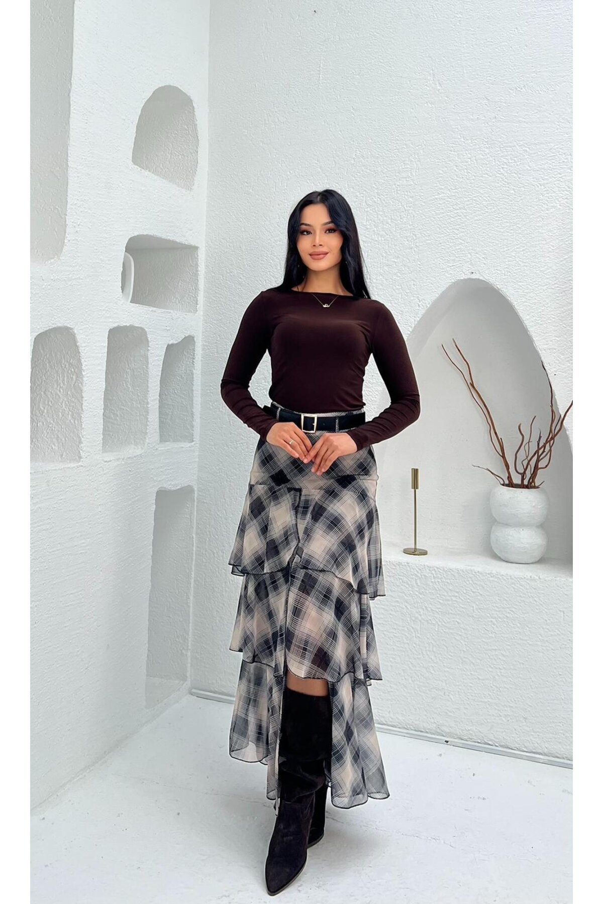 3877-SİYAH KAT KAT EKOSE DESEN FIRFIRLI ŞİFON ETEK