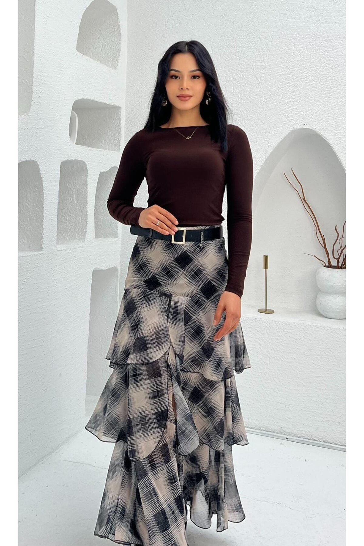 3877-SİYAH KAT KAT EKOSE DESEN FIRFIRLI ŞİFON ETEK
