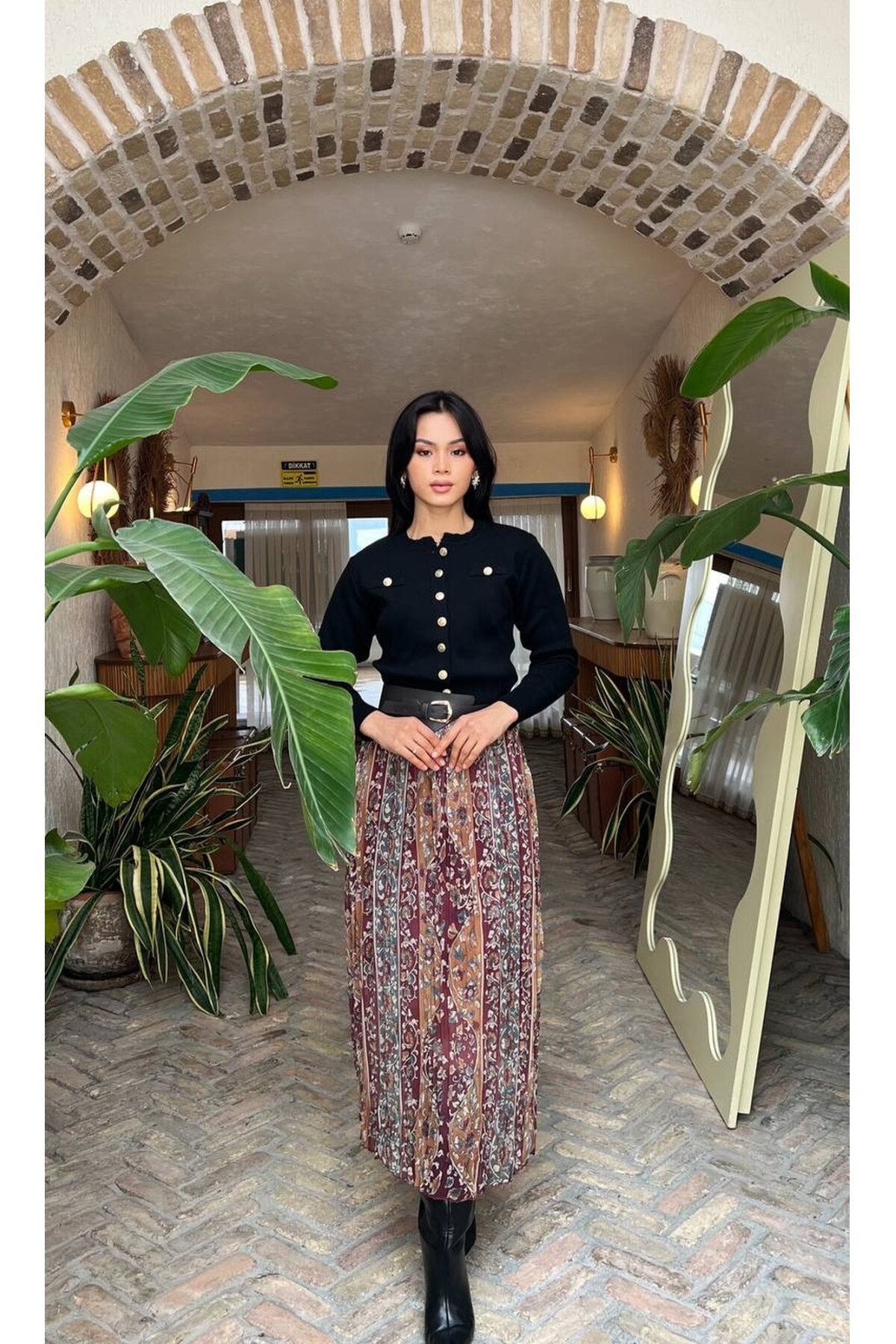 3879 PLİSELİ ŞAL DESEM KEMERLİ ELBİSE