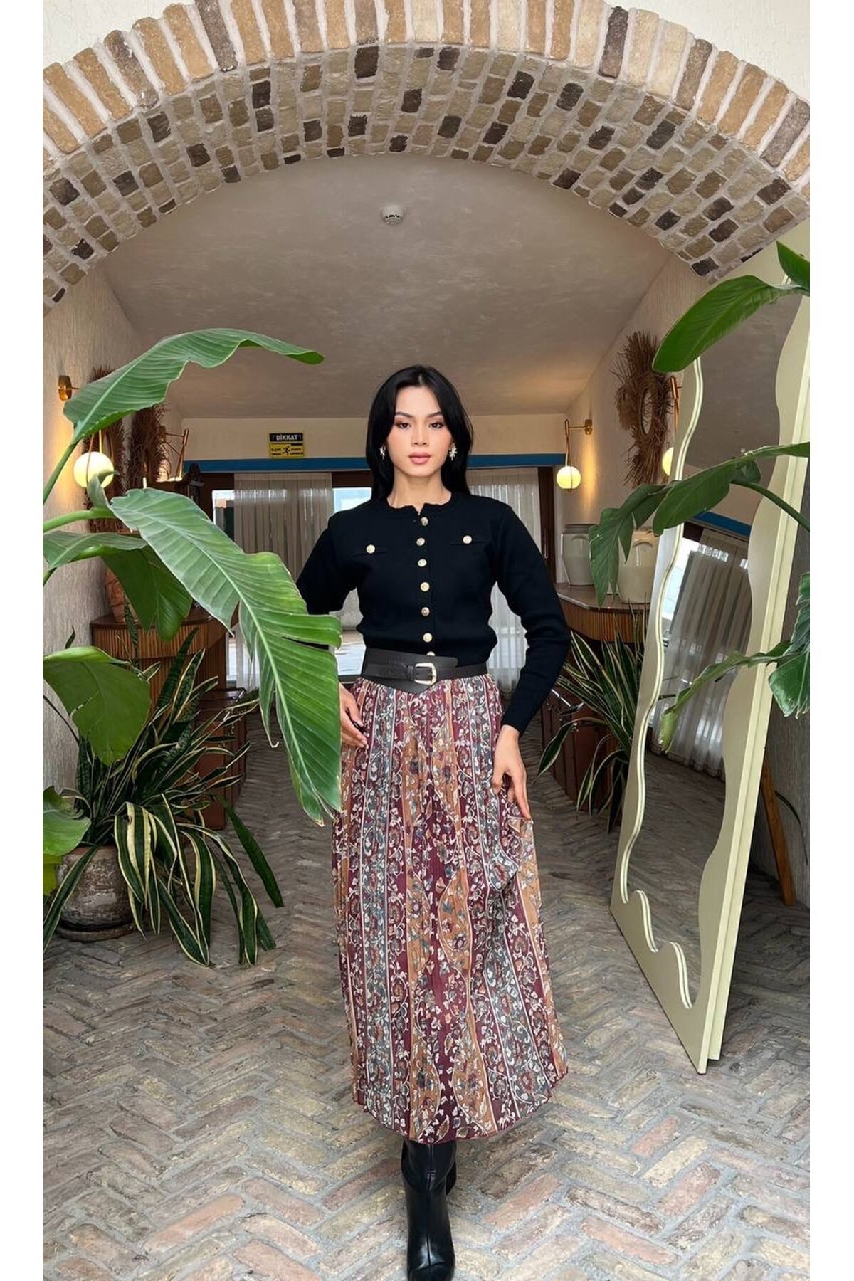 3879 PLİSELİ ŞAL DESEM KEMERLİ ELBİSE