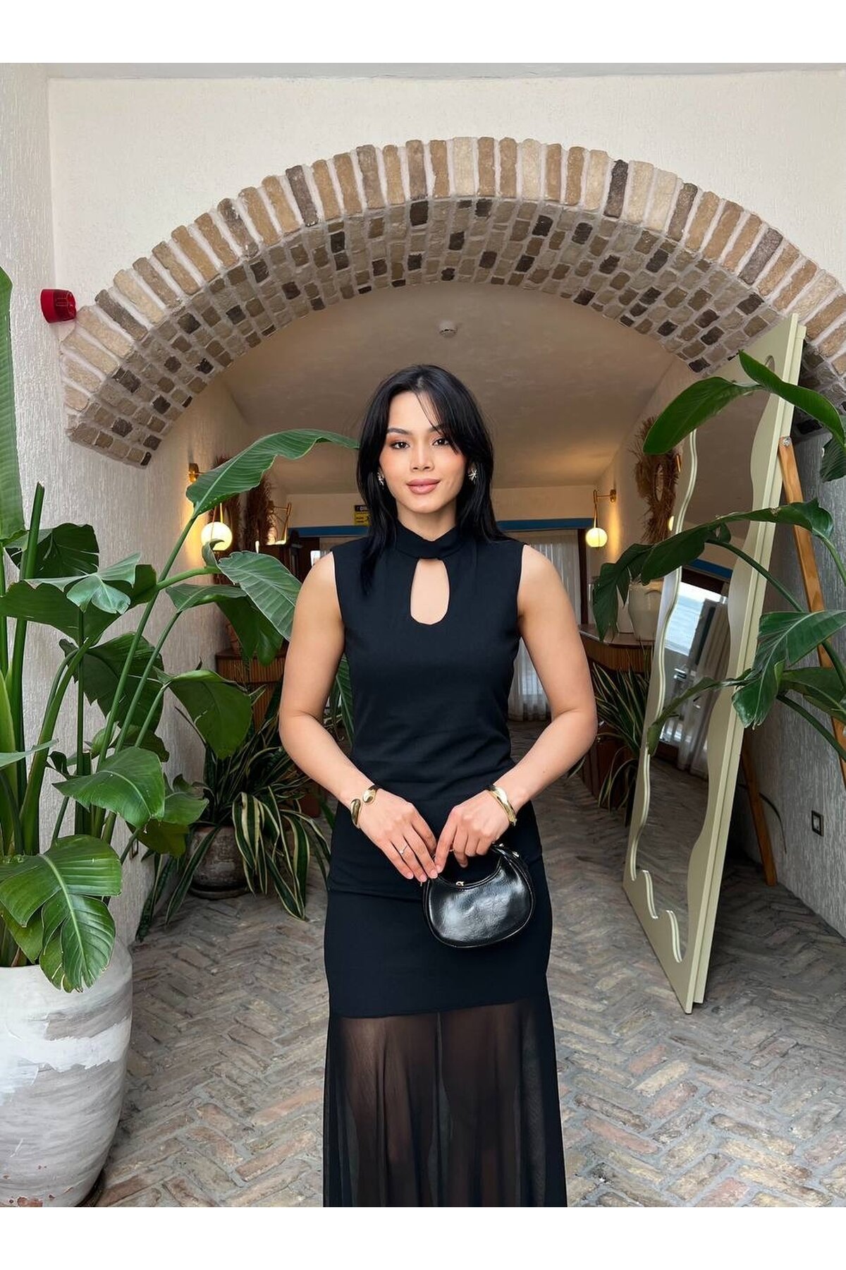 3882-SİYAH ÜSTÜ KREP ALTI TÜL ELBİSE