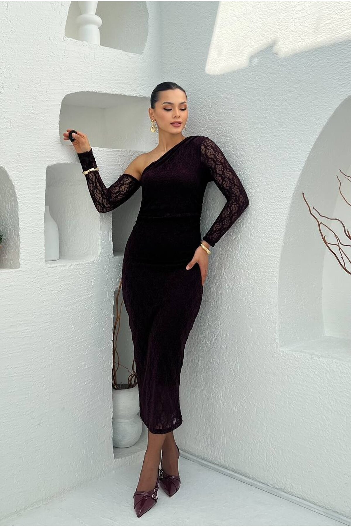 3883-SİYAH  TEK OMUZ DANTELLİ ELBİSE