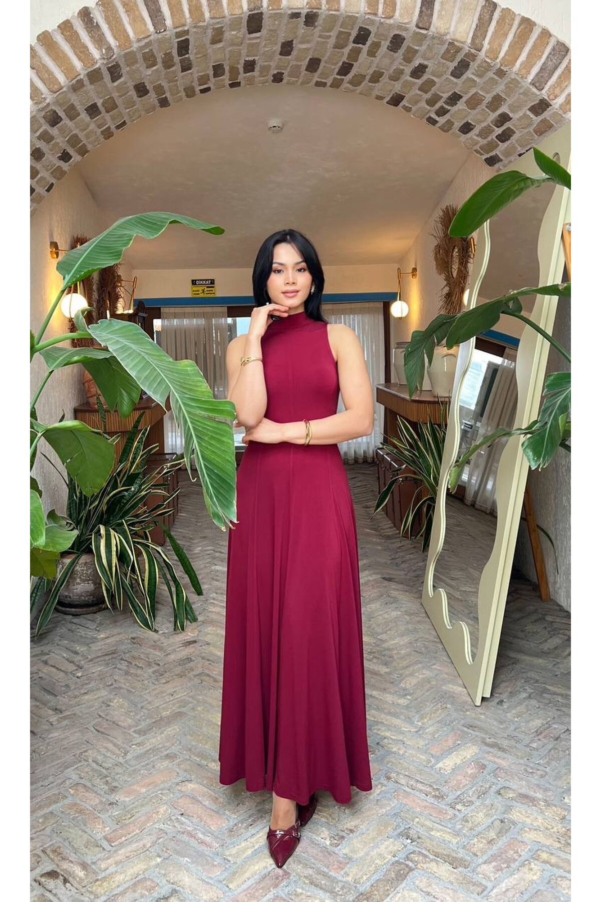 3888-BORDO SIFIR KOL BEZİK ELBİSE