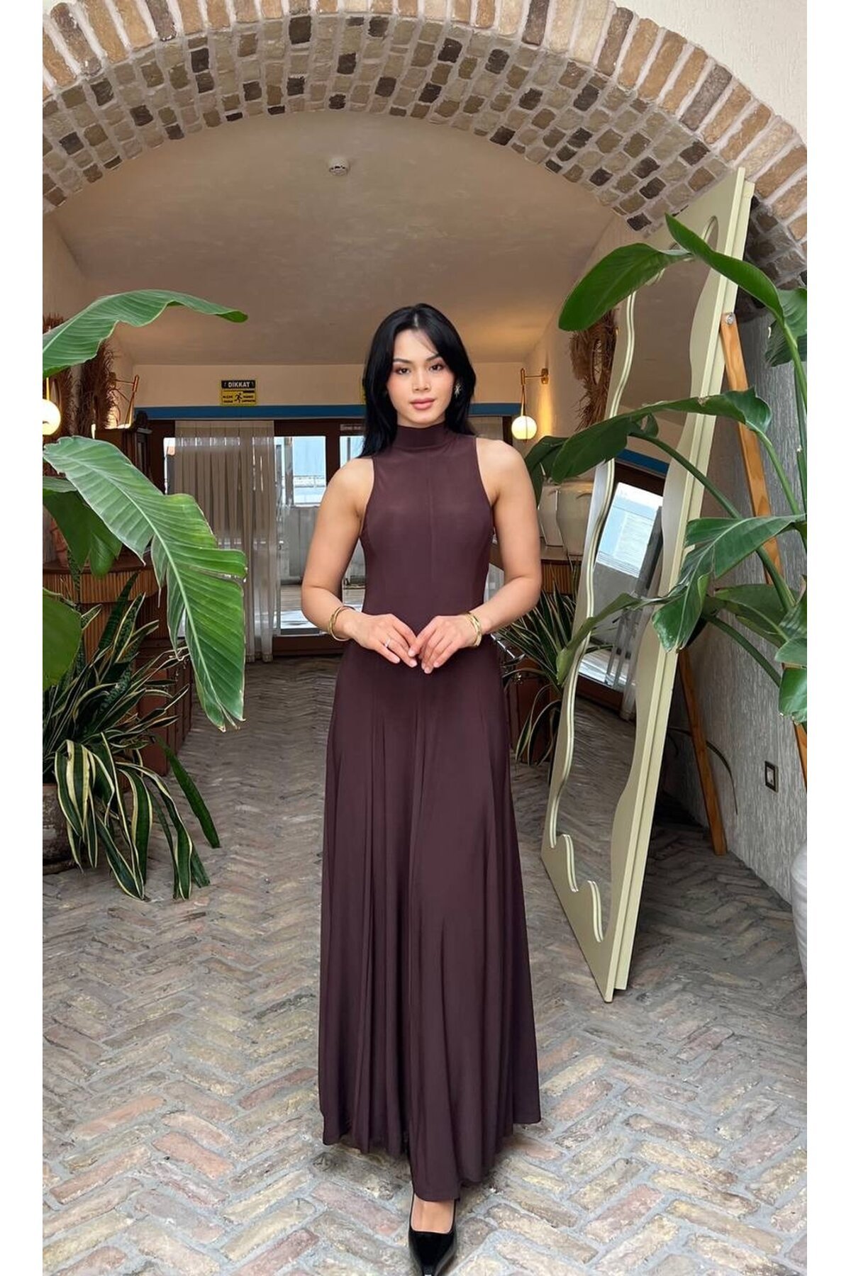 3888-KAHVERENGİ SIFIR KOL BEZİK ELBİSE