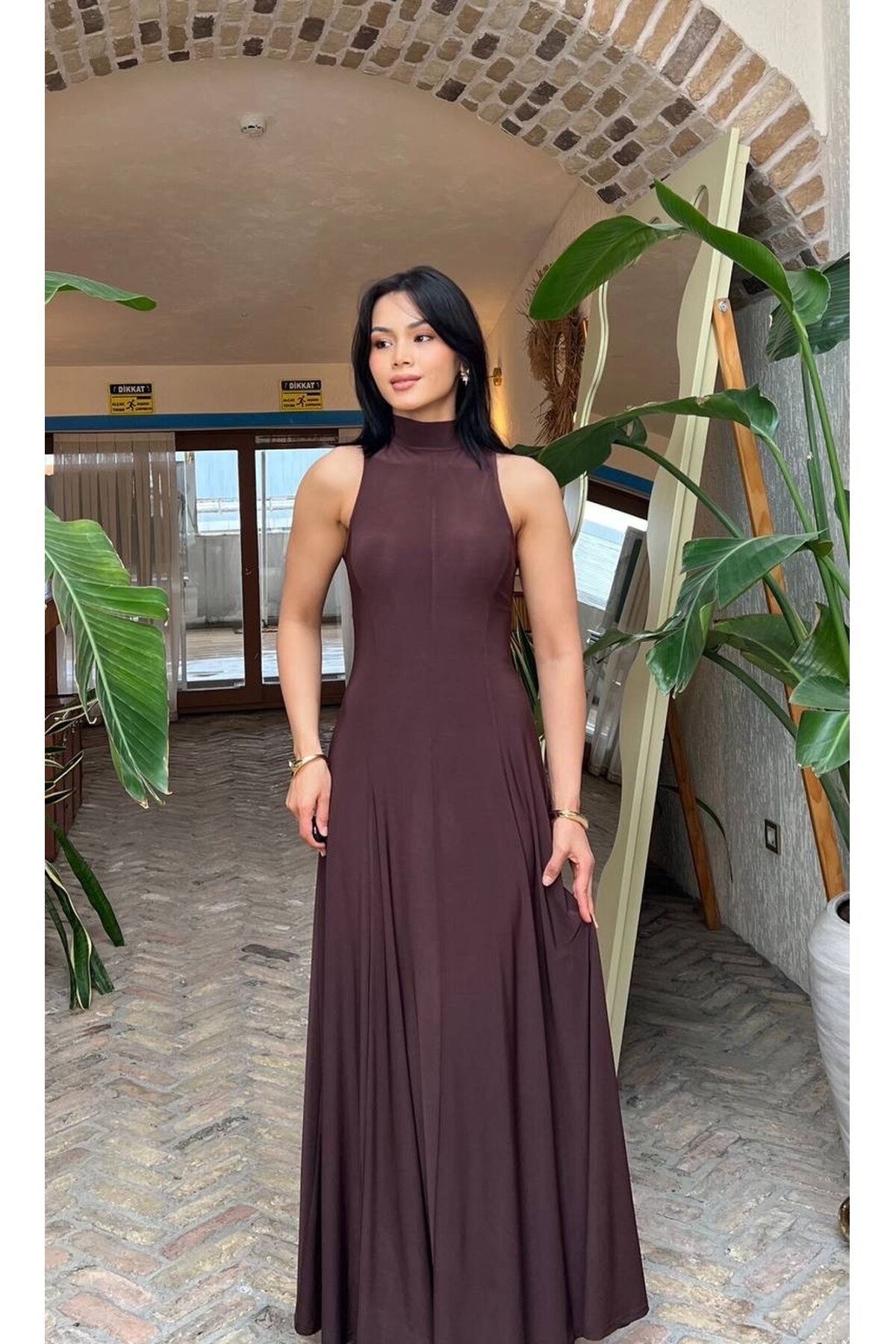 3888-KAHVERENGİ SIFIR KOL BEZİK ELBİSE