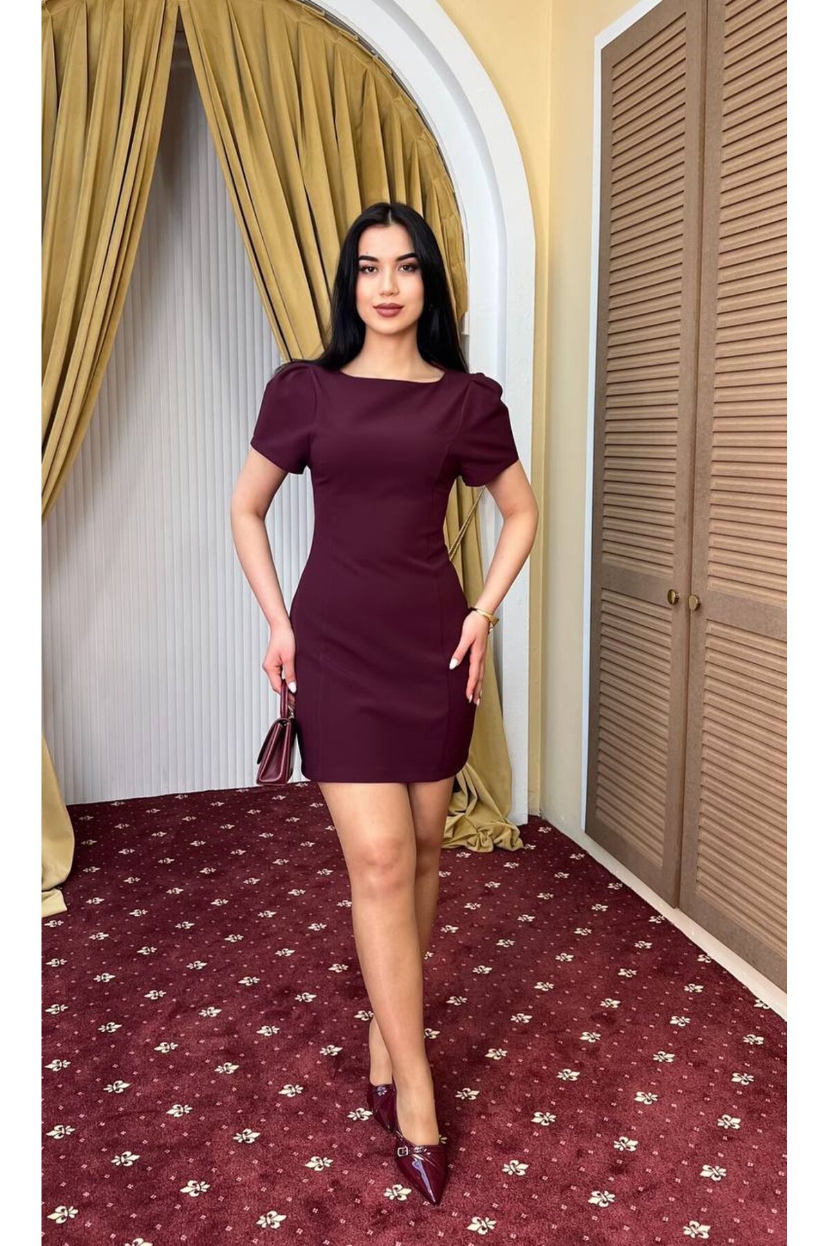 3904-BORDO DOUBLE KUMAŞ PRENSES KOL ELBİSE