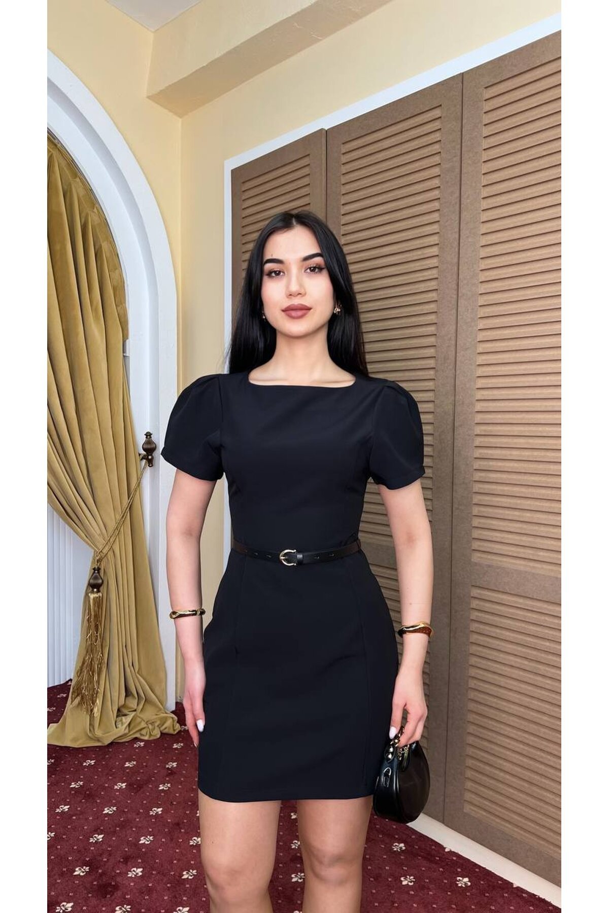 3904-SİYAH DOUBLE KUMAŞ PRENSES KOL ELBİSE