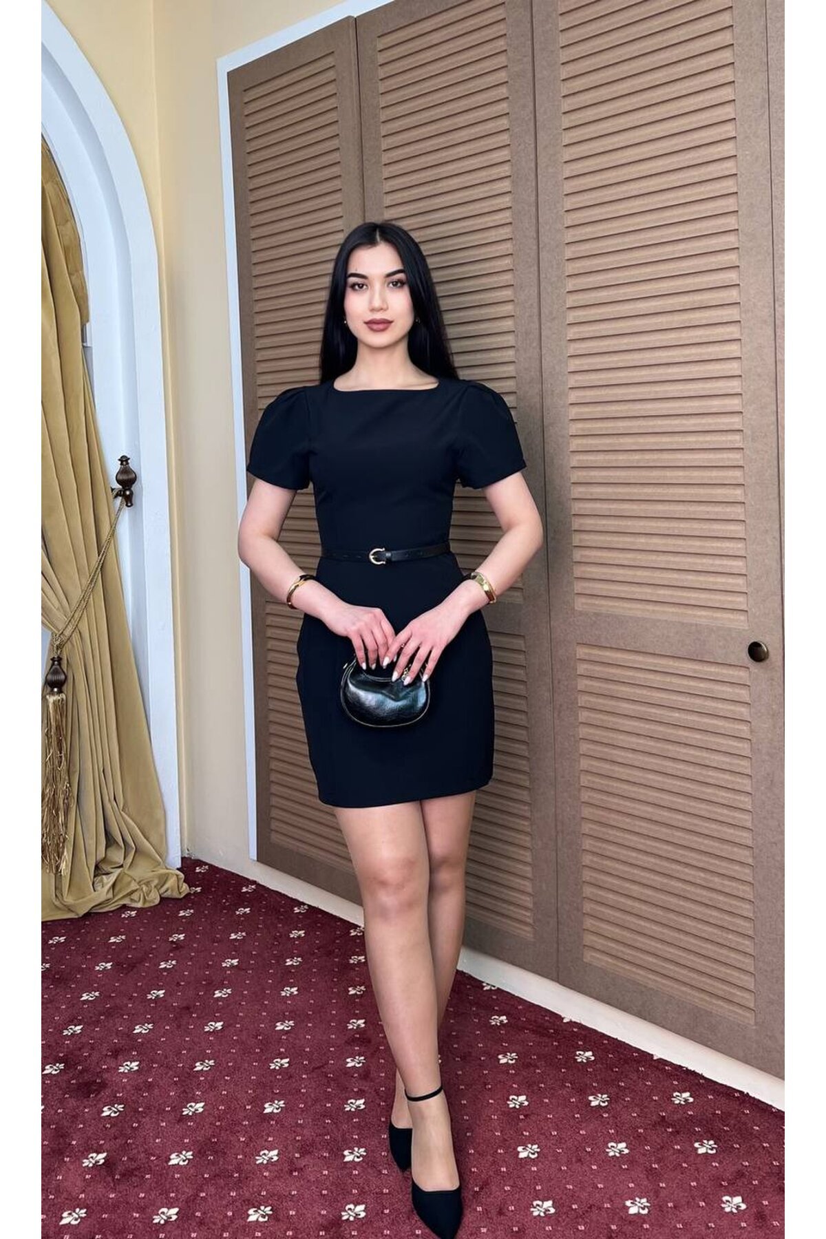 3904-SİYAH DOUBLE KUMAŞ PRENSES KOL ELBİSE