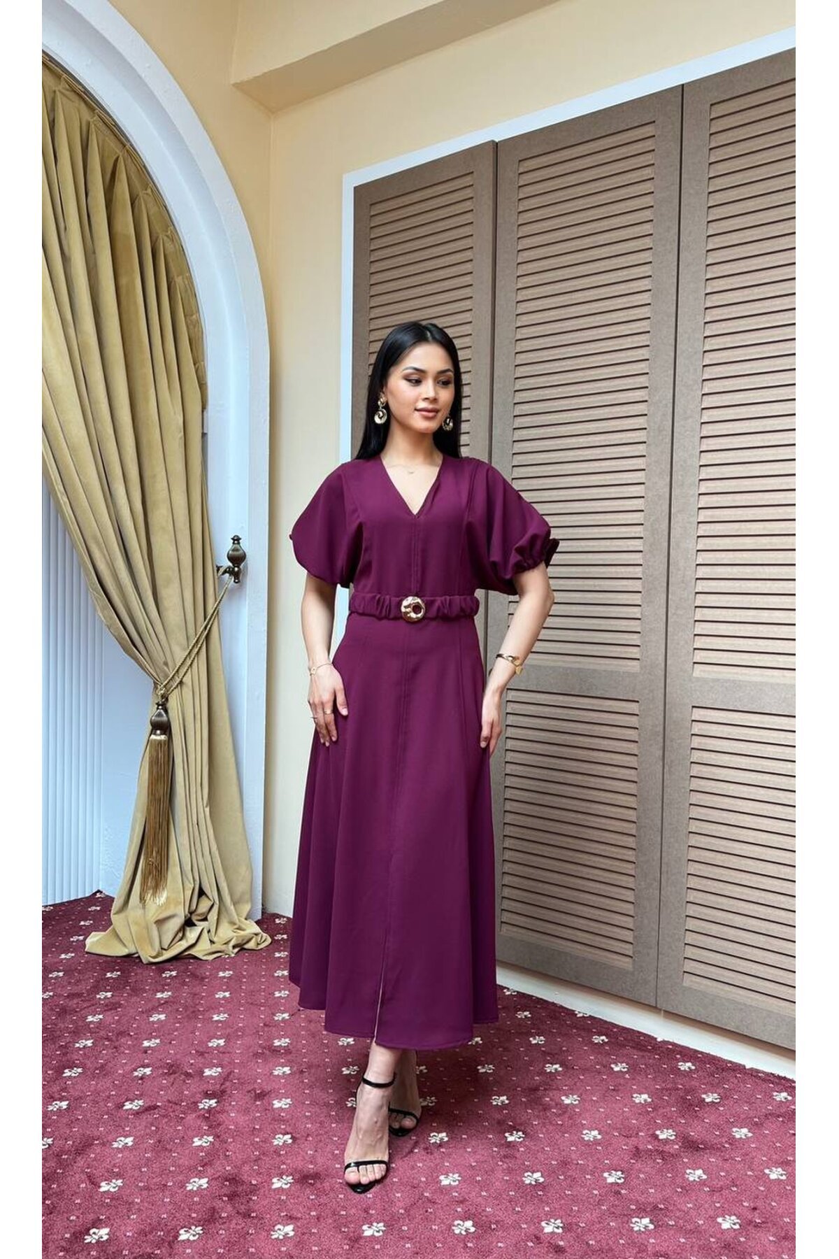 3909-BORDO DOUBLE KUMAŞ KENDİNDEN BROŞ KEMERLİ ELBİSE