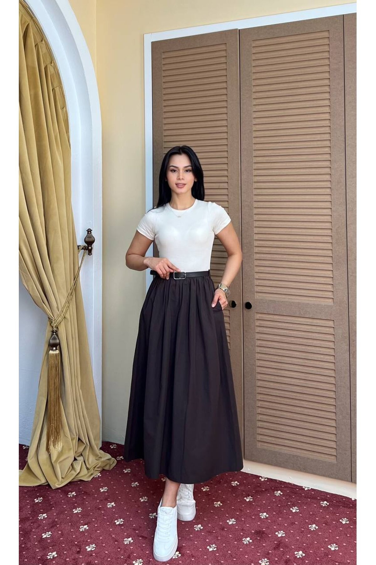 3923-KAHVEYE BEJ ÜST KAŞKORSE ALT POPLİN KISA KOL ELBİSE