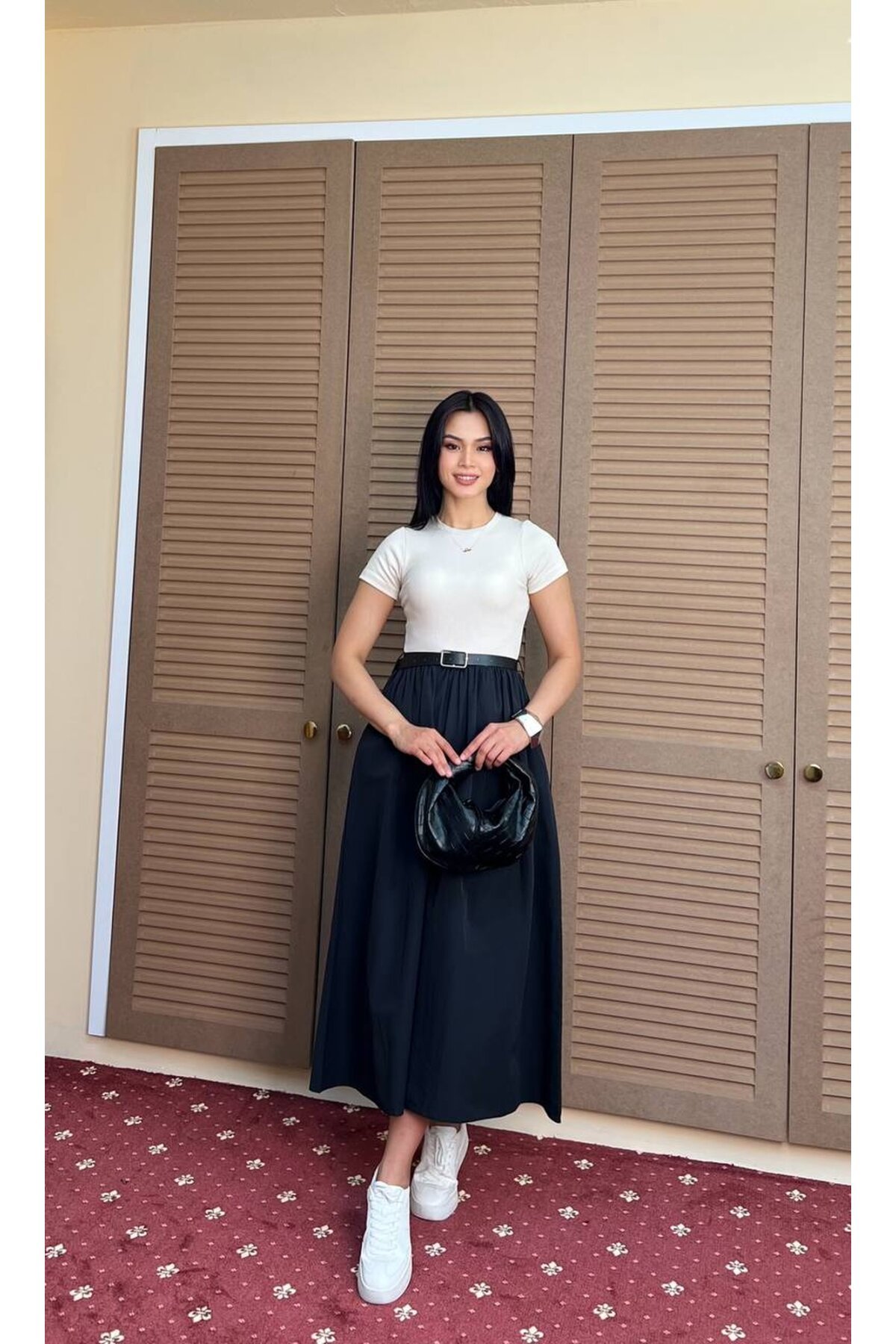 3923-SİYAHA BEJ  ÜST KAŞKORSE ALT POPLİN KISA KOL ELBİSE