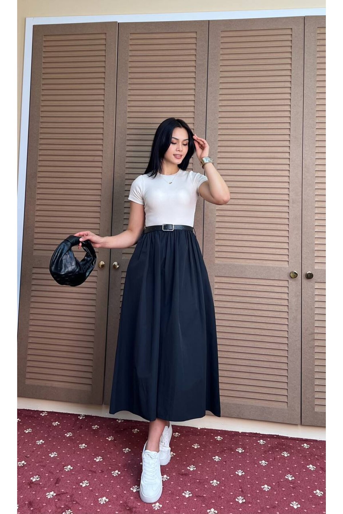 3923-SİYAHA BEJ  ÜST KAŞKORSE ALT POPLİN KISA KOL ELBİSE