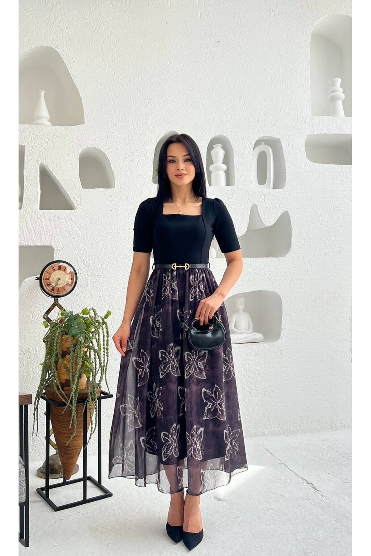 3931-SİYAH  ÜST KREP ALT ŞİFON ŞAL DESEN KISA KOL ELBİSE