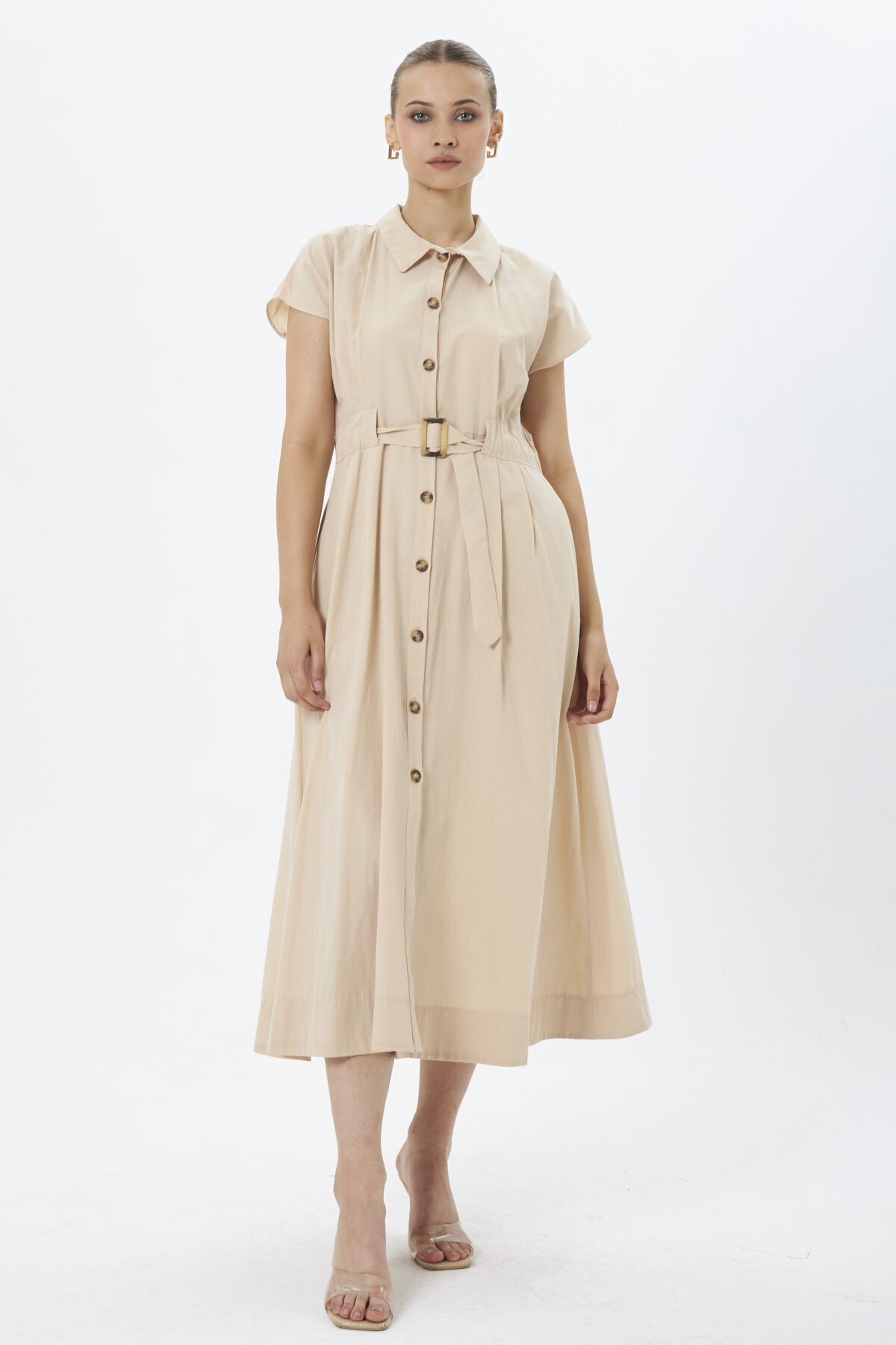 3976-Bej Kemer Detaylı Cepli Elbise